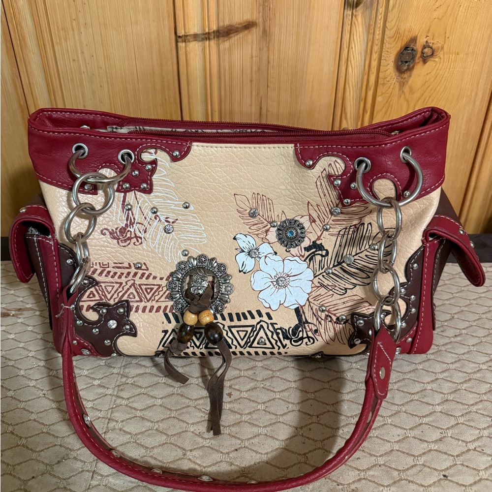 Red Shoulder Bag Med Size Faux Leather Carry & Conceal Purse Southwestern
